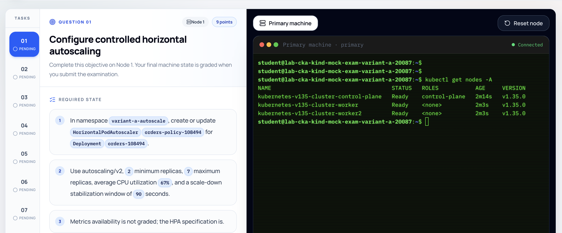 Network Nuts CKA mock exam showing a controlled horizontal autoscaling task alongside a live Kubernetes terminal